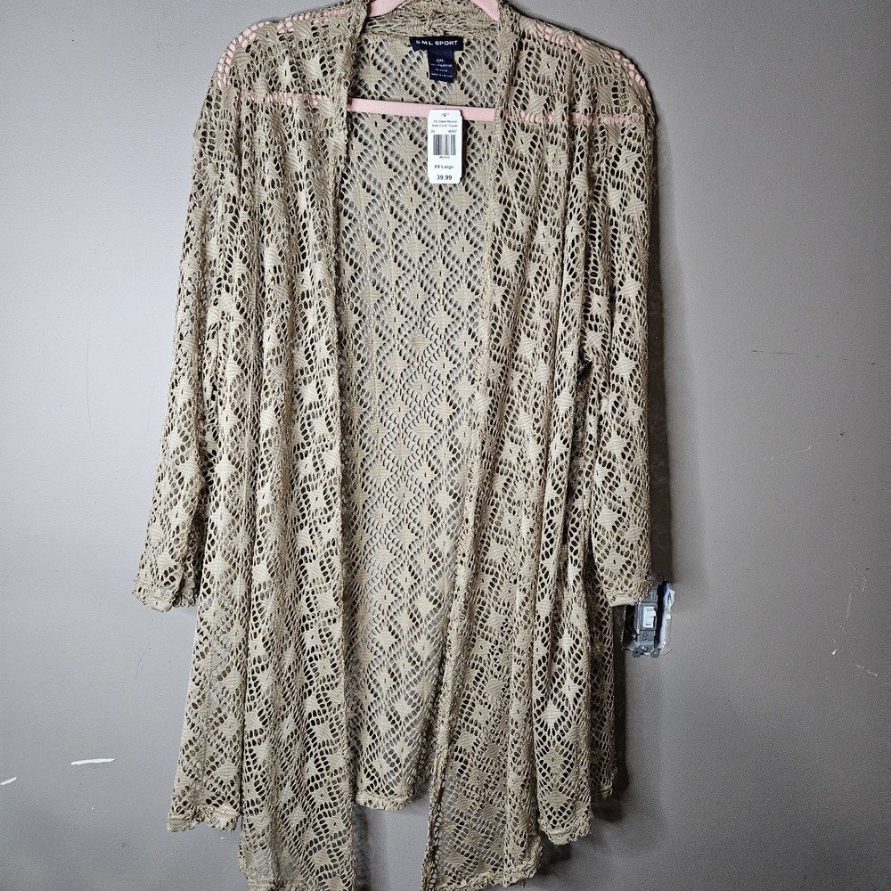 SML Sport Women Taupe Openwork Knit Cardigan V-Neck 3/4 Sleeve 2XL